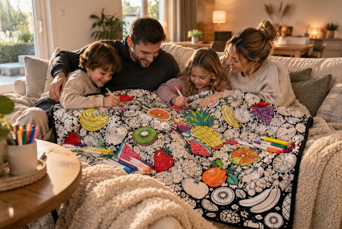 COLORIA™ Familienszene beim gemeinsamen Ausmalen der Fruchtdecke